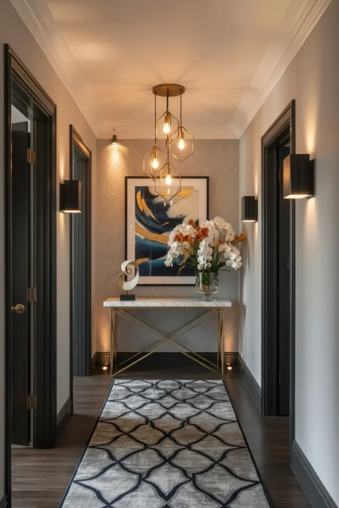 Layered pendant and wall lights in styled hallway.