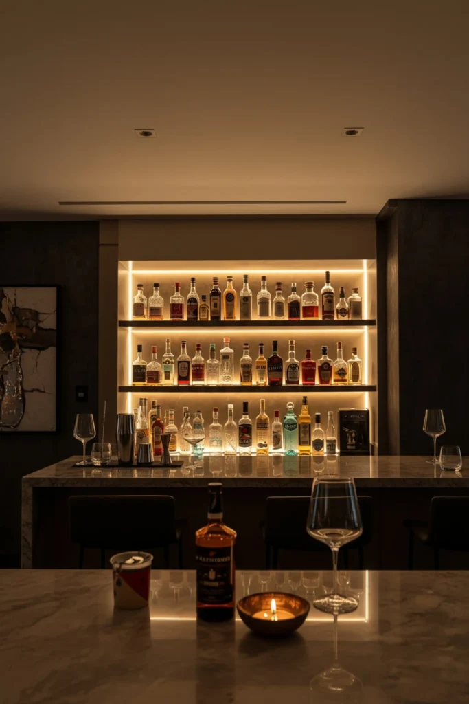 LED strip lights glowing behind glass bar shelves.