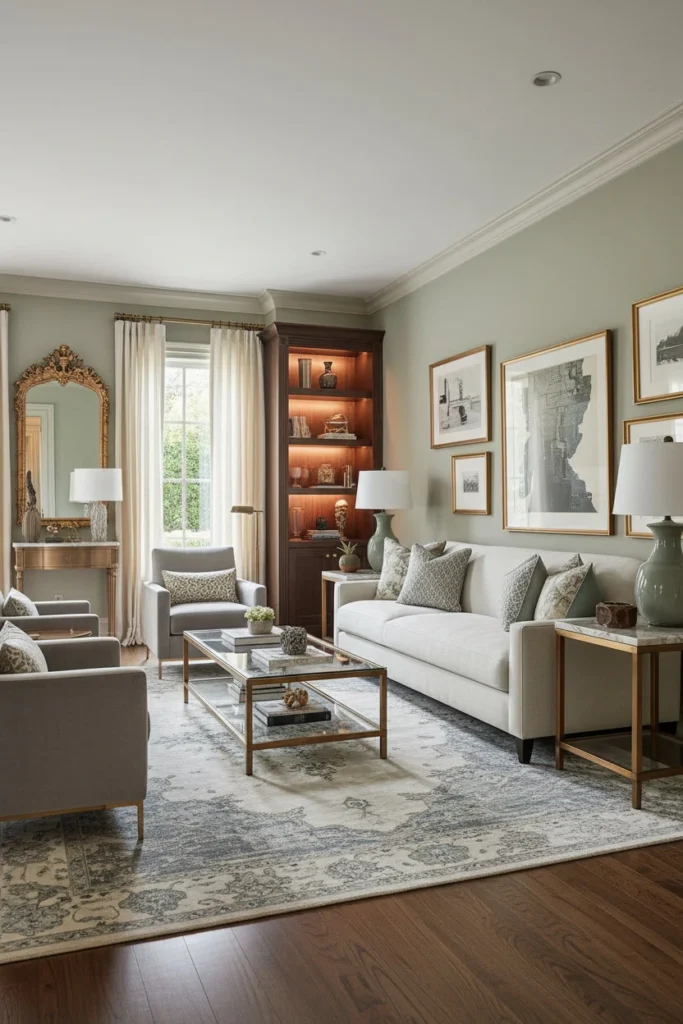 Sage green limewash accent wall in a modern bedroom.