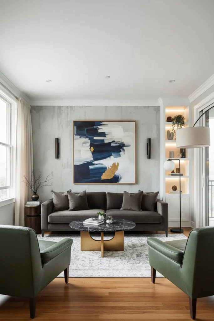 Textured limewash paint on living room accent wall