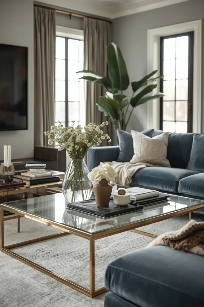 Marble tray with books and candle styled on coffee table.