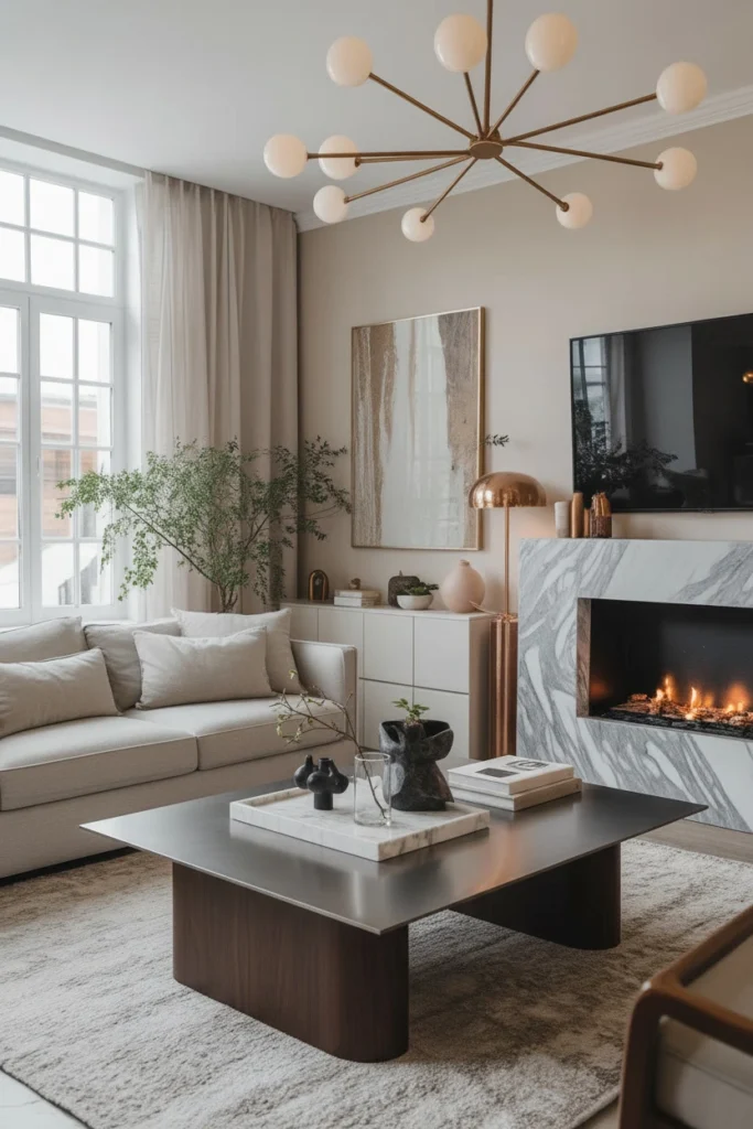 White marble tray and stone bowl styled on coffee table.