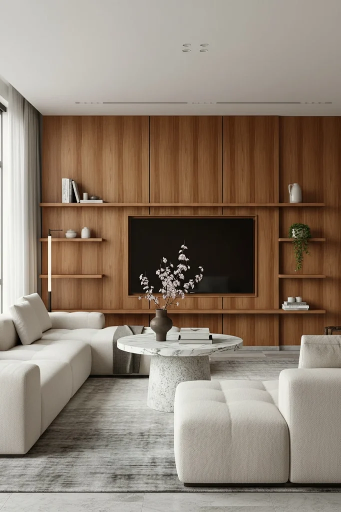 A marble table pairs beautifully with warm wood panels.