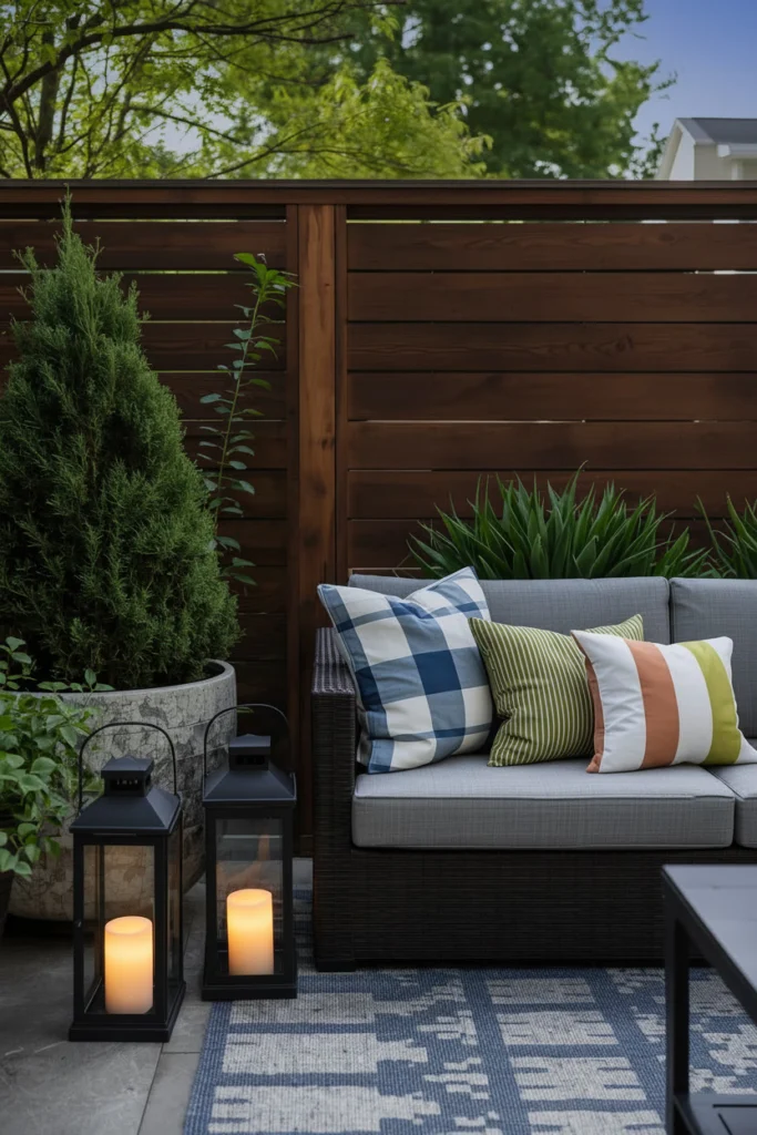 Two tall black lanterns stand beside an outdoor seating area.