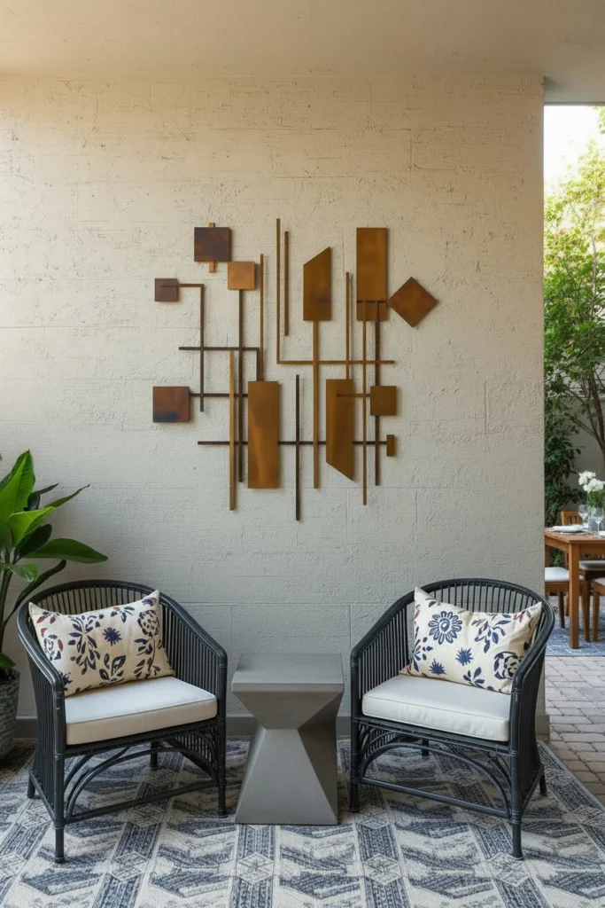 A geometric metal art piece hangs on an outdoor patio wall.