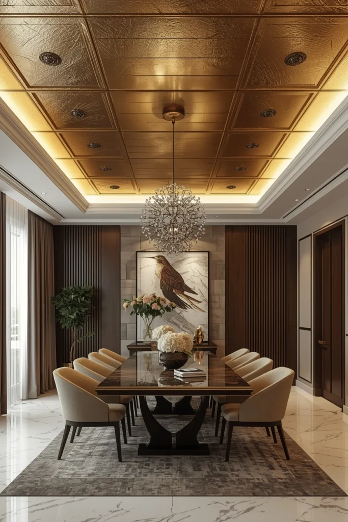 Brushed brass metallic ceiling panels reflecting light dramatically upward.