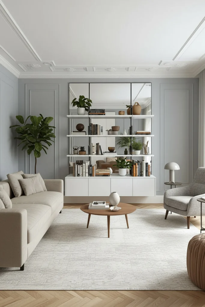 A mirror at the back of shelves adds visual depth.