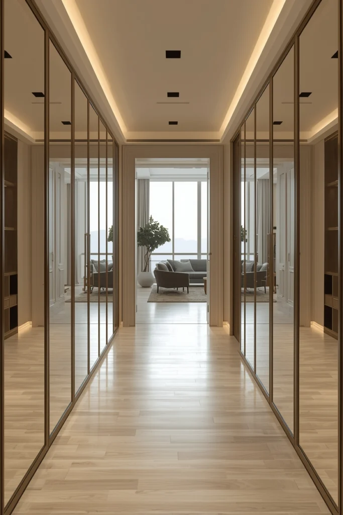 A mirror at the hallway end doubles the visual length.
