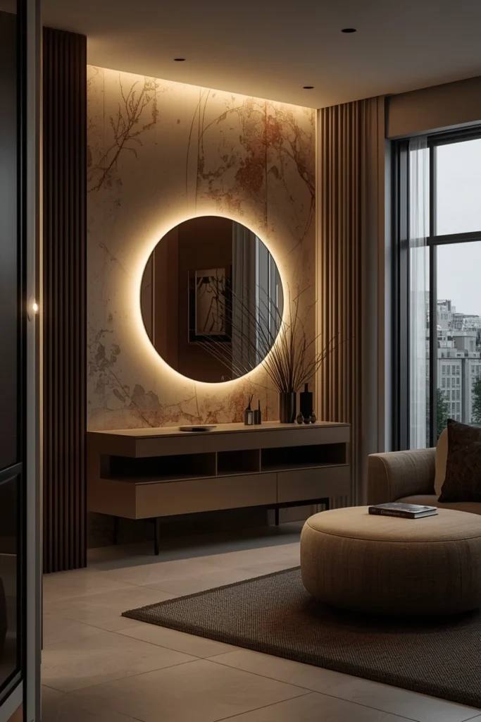 Large mirror facing window reflecting natural daylight inside.