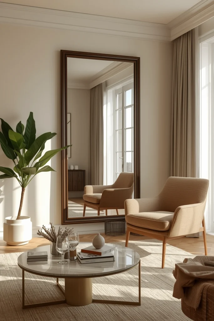 A mirror facing the window reflects bright natural light.