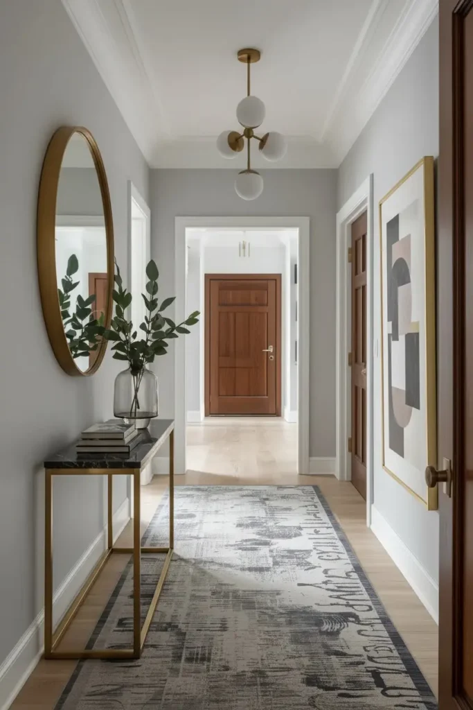 Large arched mirror reflecting light in hallway.