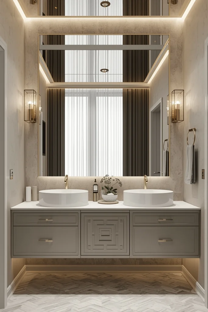 A bathroom ceiling mirror makes the space feel spa-like.