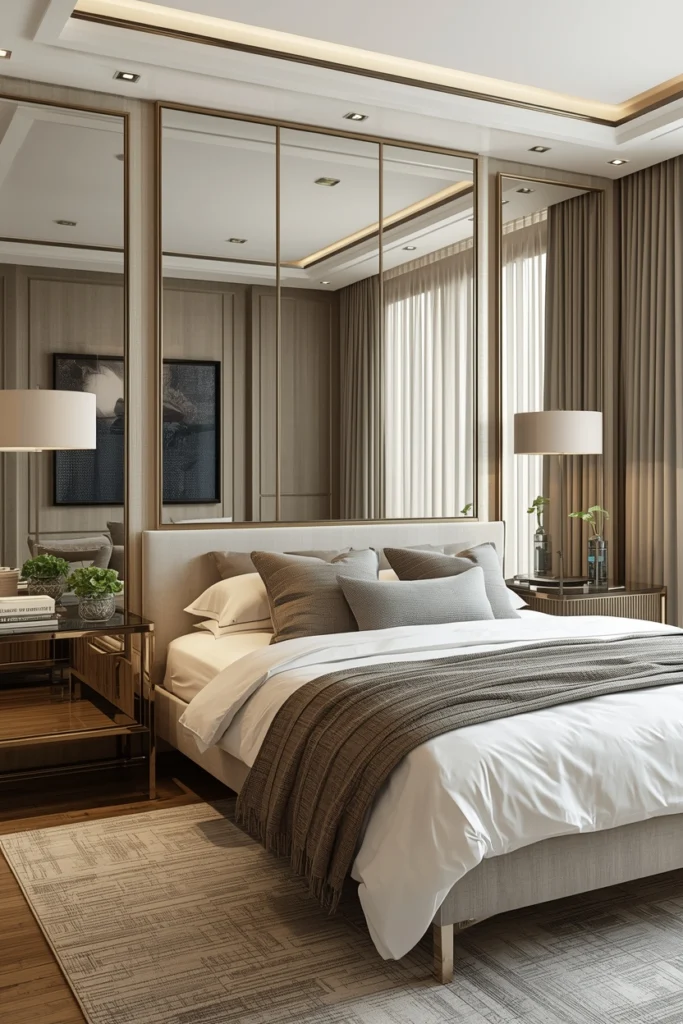 A mirror panel behind the bed replaces the headboard stylishly.