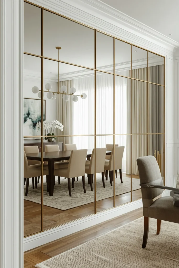 Framed mirror panels blend seamlessly into the wall.