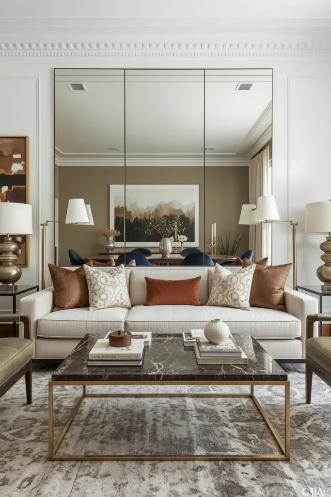 Brass framed mirror panels arranged on sofa accent wall
