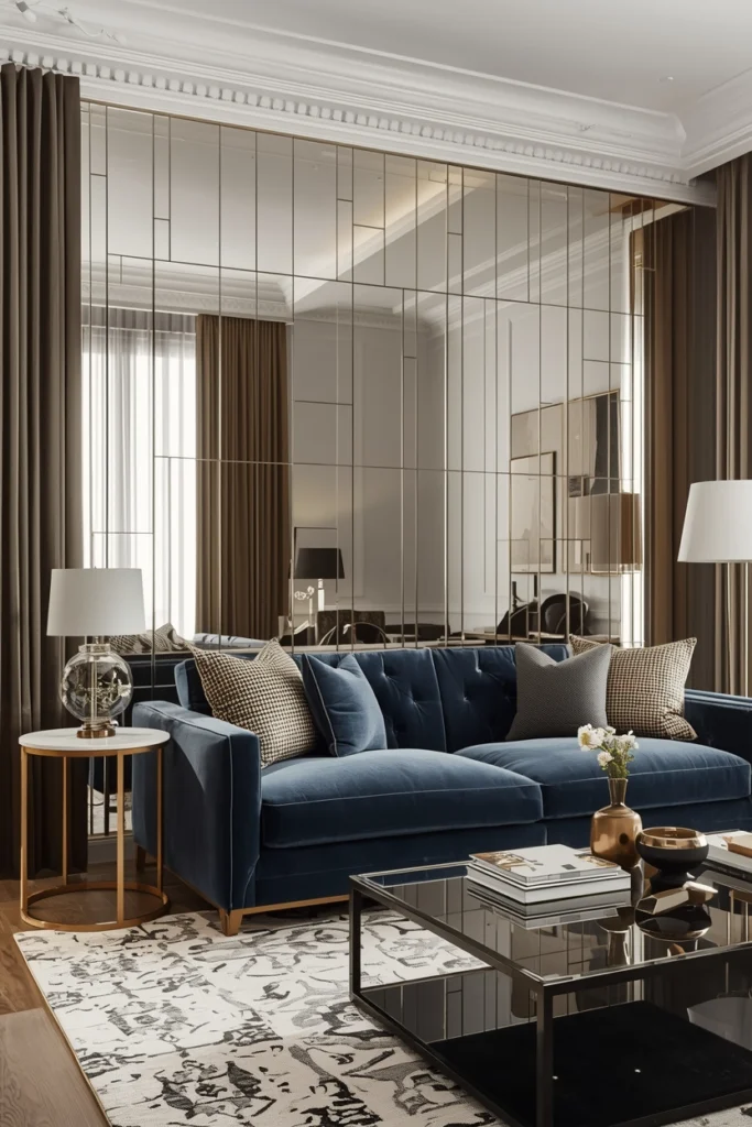 Patterned mirror tiles reflect soft light across the wall.