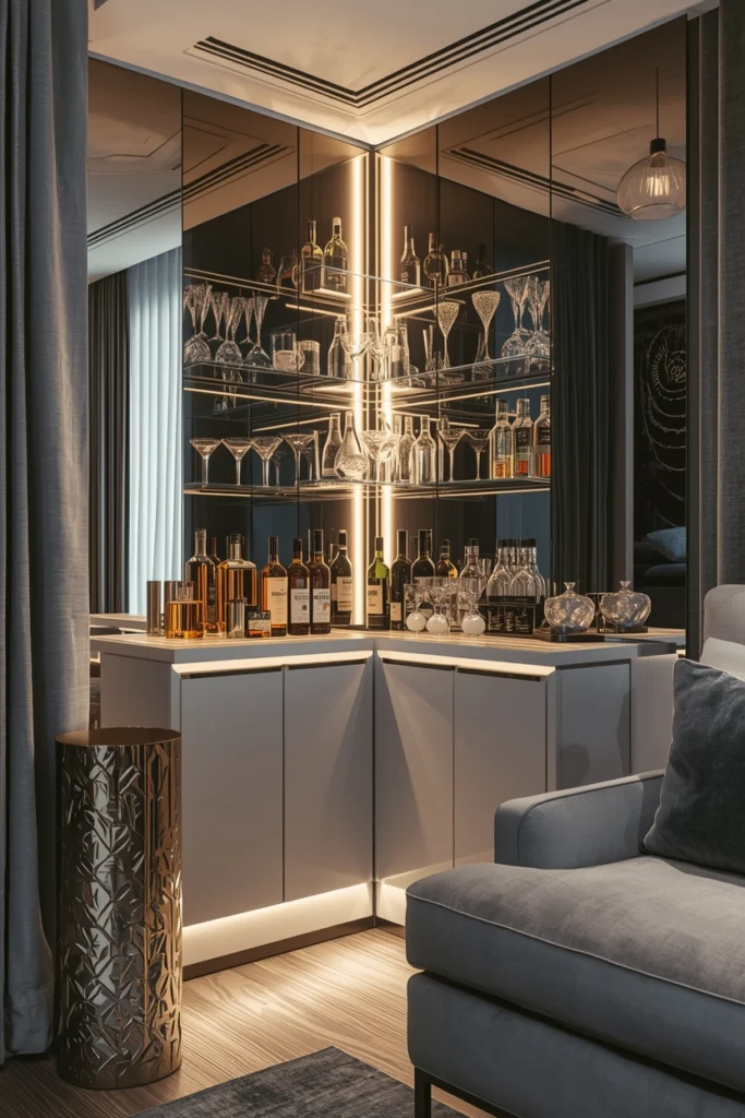 A mirrored bar corner glows with bottles and LED lights.