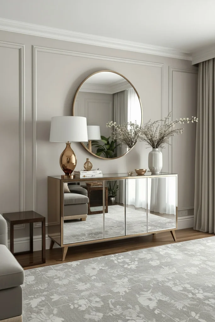 A mirrored sideboard reflects light from the lower room.
