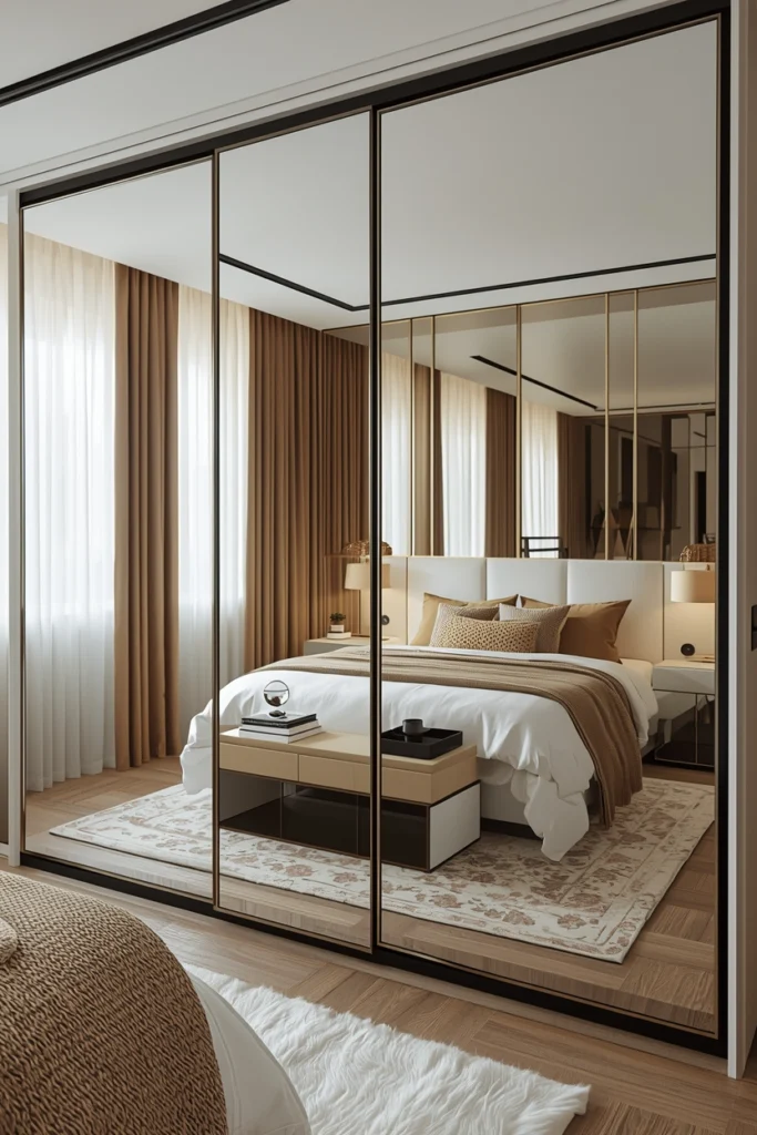 Mirrored wardrobe doors make the bedroom feel larger.