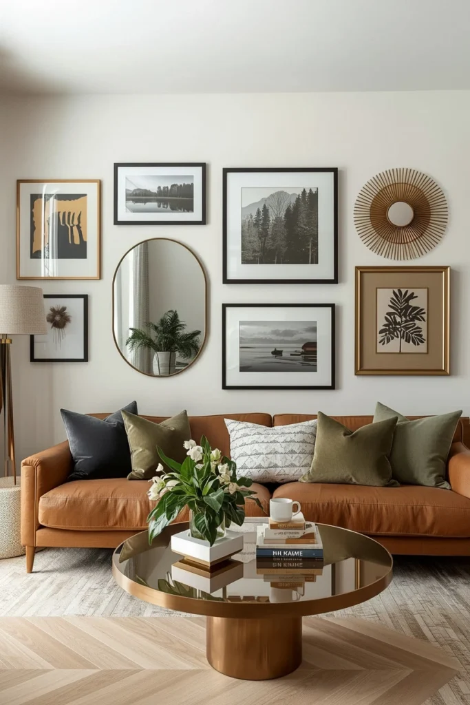 Decorative mirrors mixed into a framed gallery wall.
