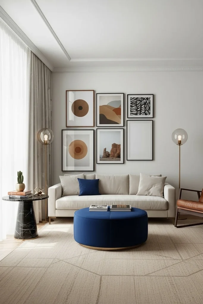 Framed prints mixed with woven and ceramic wall objects.