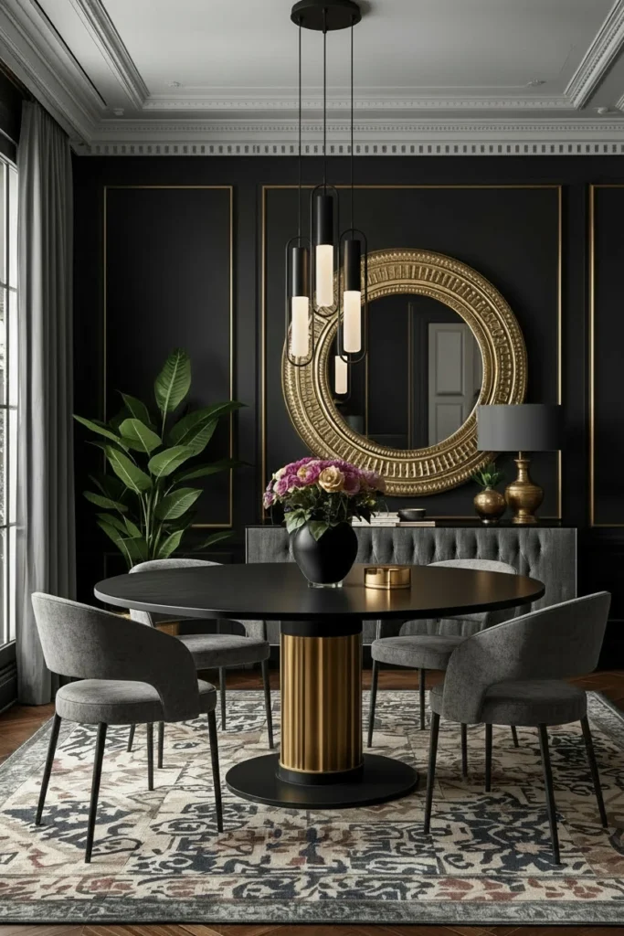 Brass and black metal finishes in dining room