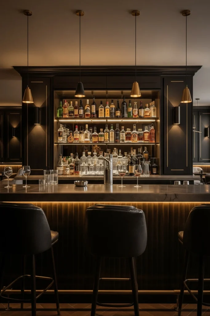 Multiple light sources illuminating a modern home bar.