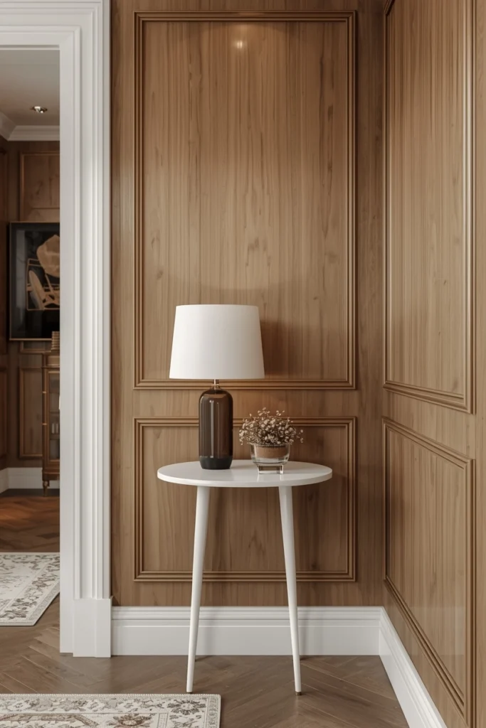 A narrow styled table sits neatly against wood panels.