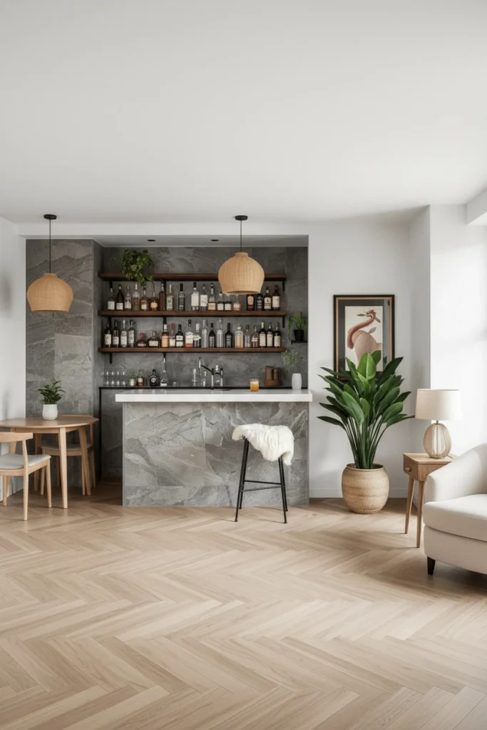 Natural wood shelf and rattan light in bar.