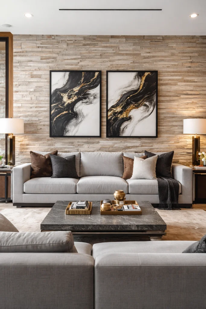 Natural travertine stone wall behind linen sofa living room