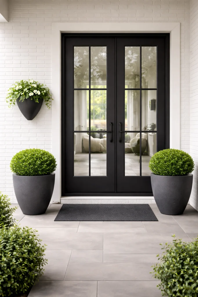 Two matching pots and a dark mat frame a patio entry.