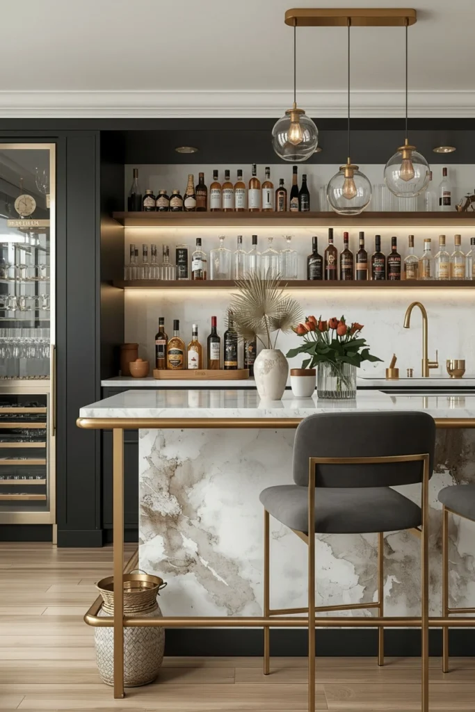 Brass metal finish on bar handles and fixtures.