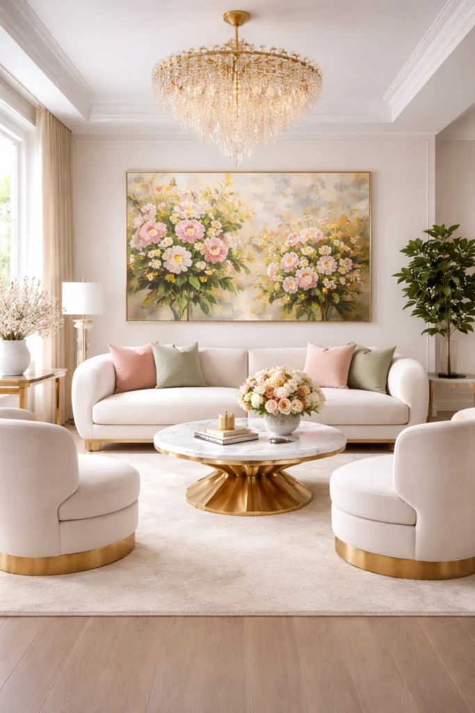 Botanical art print hanging on a bright living room wall.
