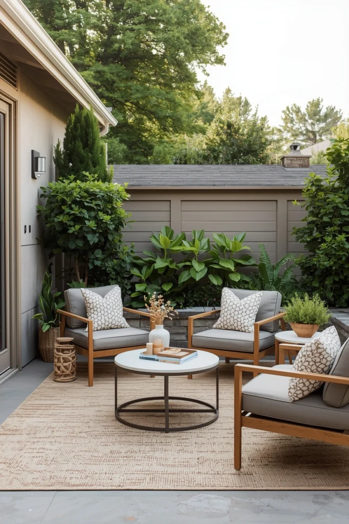 A beige outdoor rug ties patio furniture together.