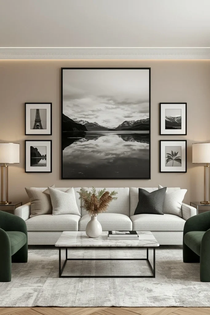 Oversized central art with small supporting wall pieces.