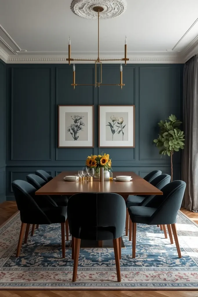 Dining room walls painted deep navy blue