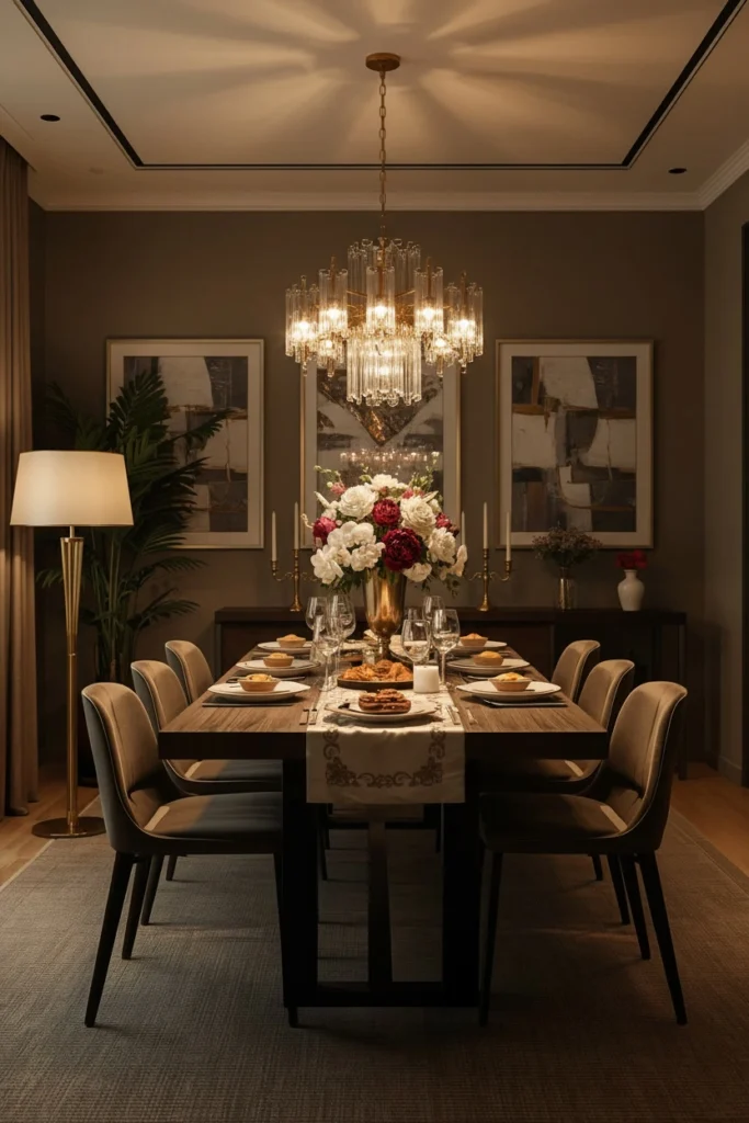 Pendant light hanging above a warm dining table.
