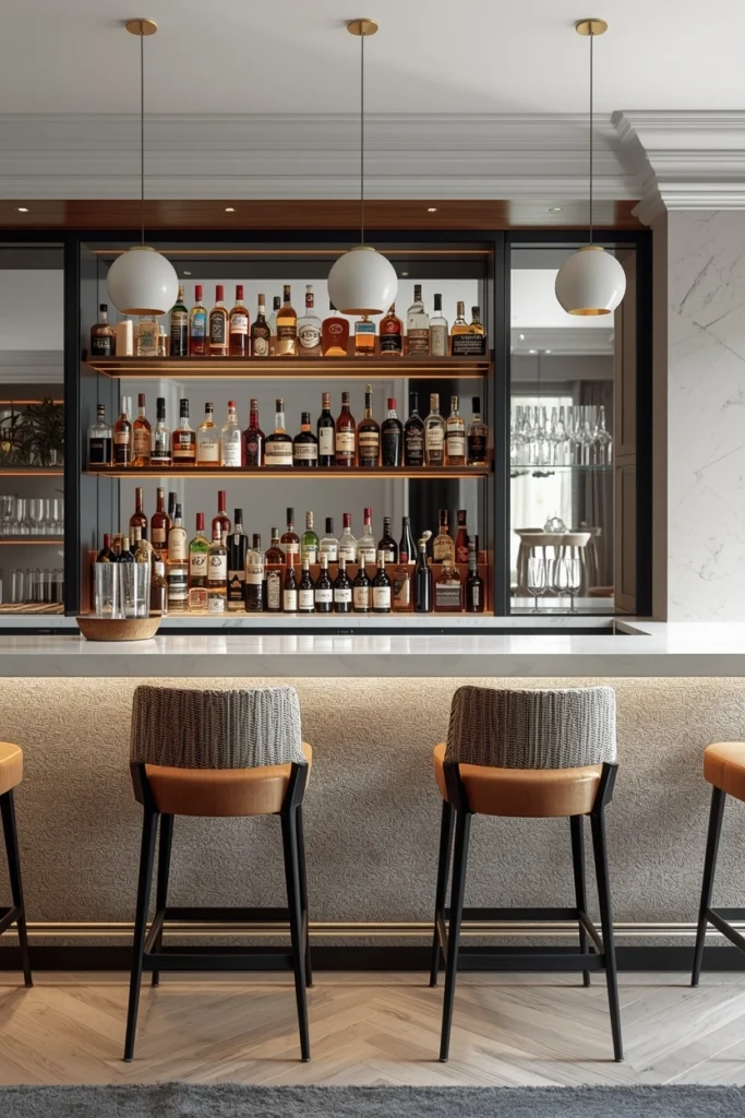 Personalized decanter and framed cocktail recipe on bar.