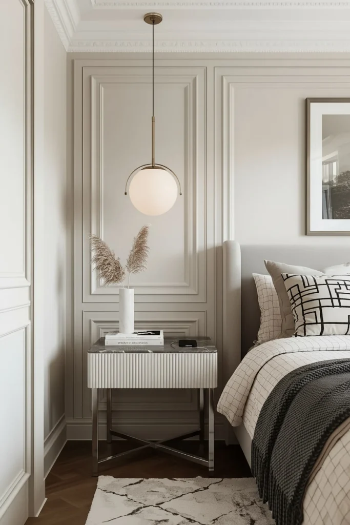 Round slim-leg elegant bedside table beside bed.