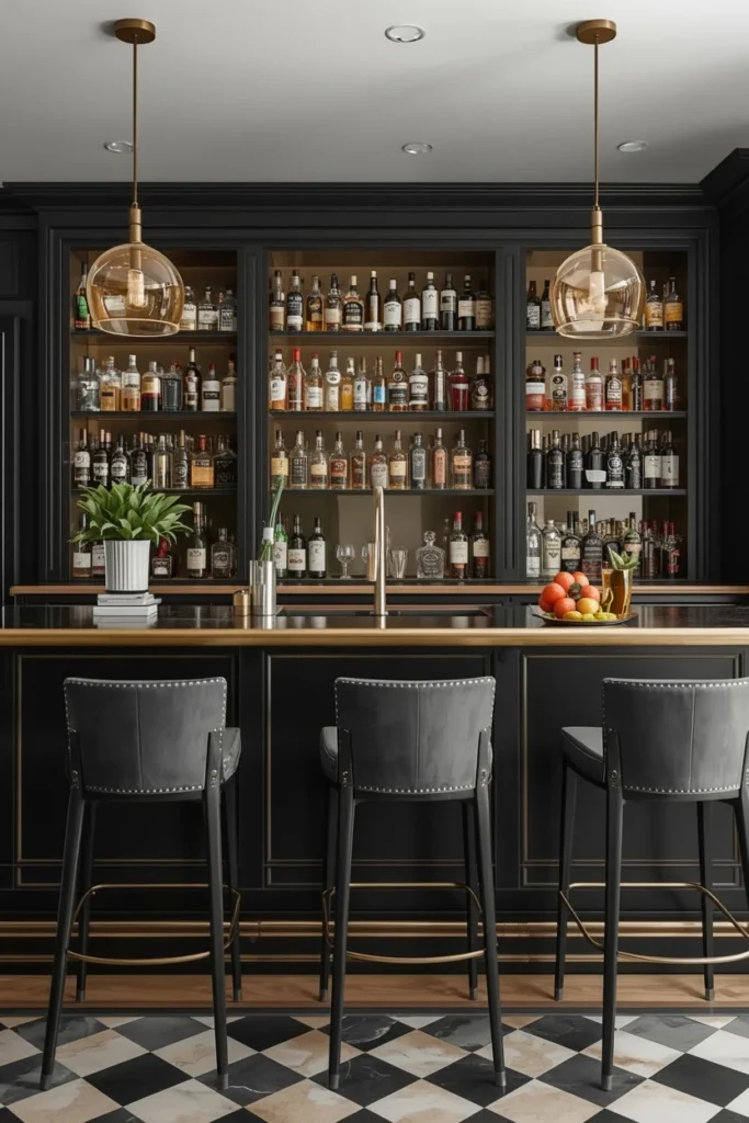 Modern home bar with one cohesive interior style.