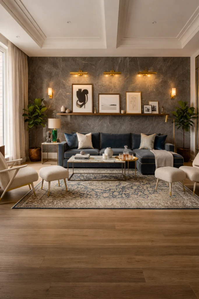 Picture ledge with spotlights above living room sofa wall