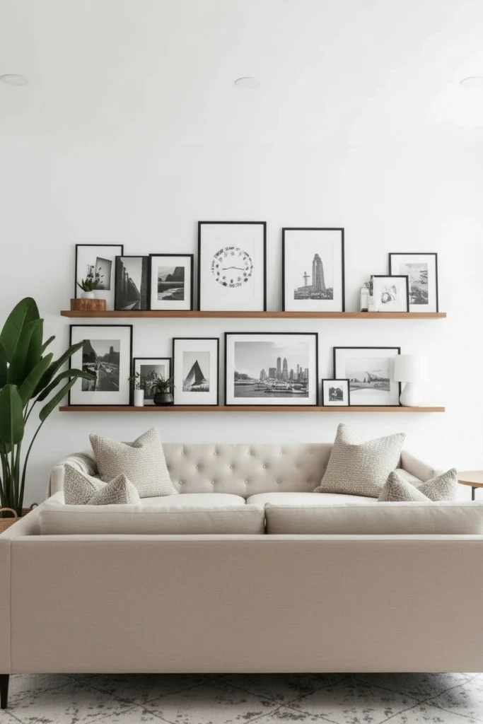 Framed art leaning on slim picture ledges on wall.