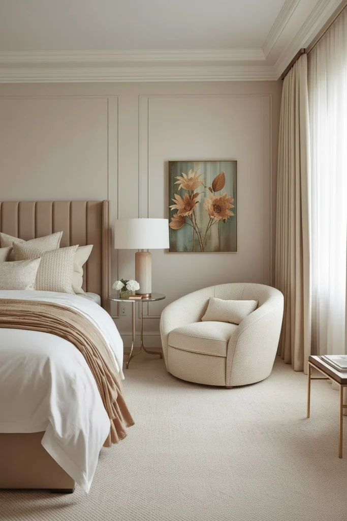 Curved boucle chair placed in a cozy bedroom corner.