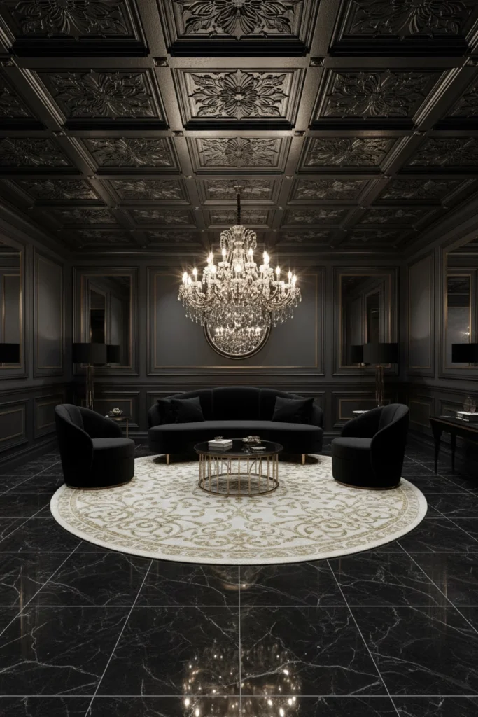 Matte black pressed metal ceiling with detailed geometric grid patterns.