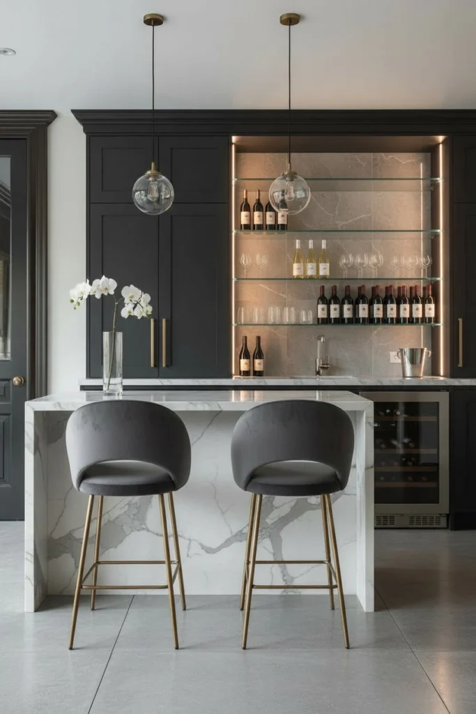 Leather bar stools with brass base at counter.