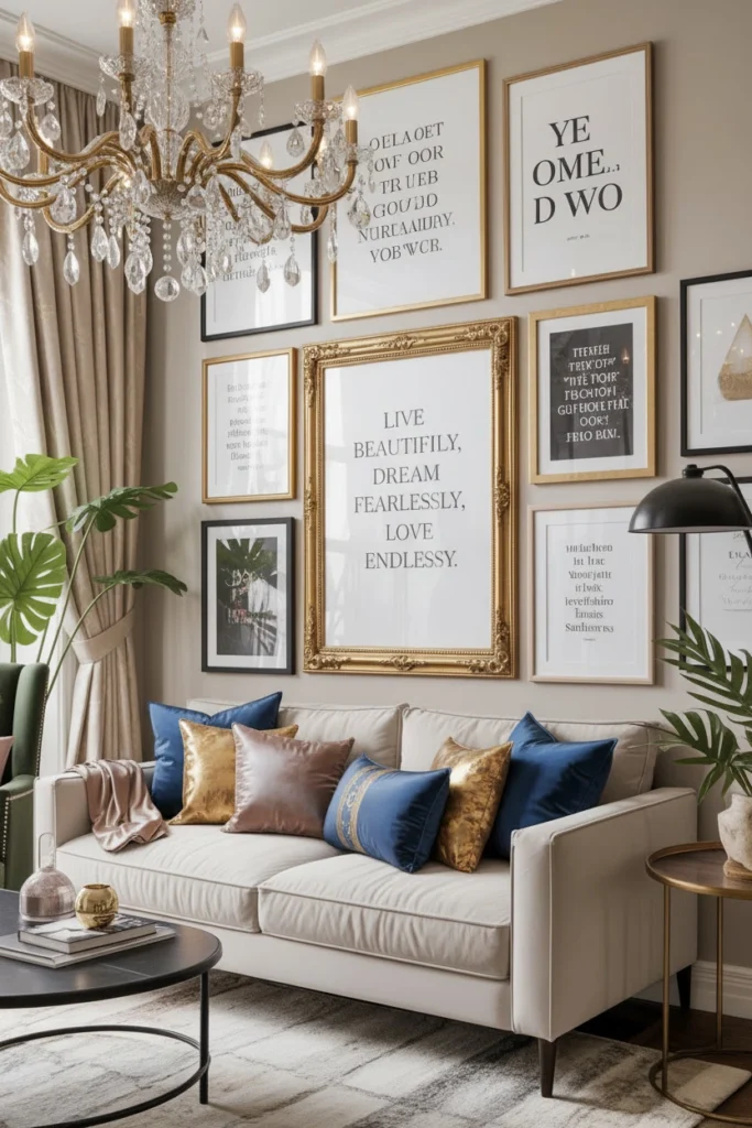 Framed quote prints mixed with abstract art pieces.