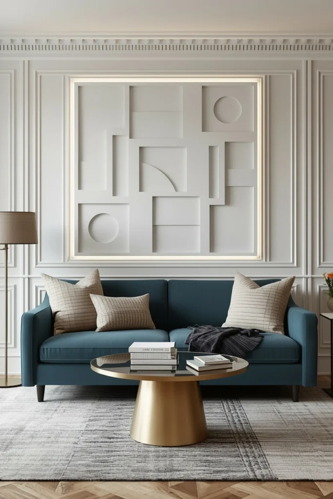 Three dimensional raised plaster art above living room sofa