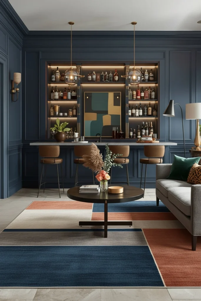 Bold patterned rug defining a home bar zone.