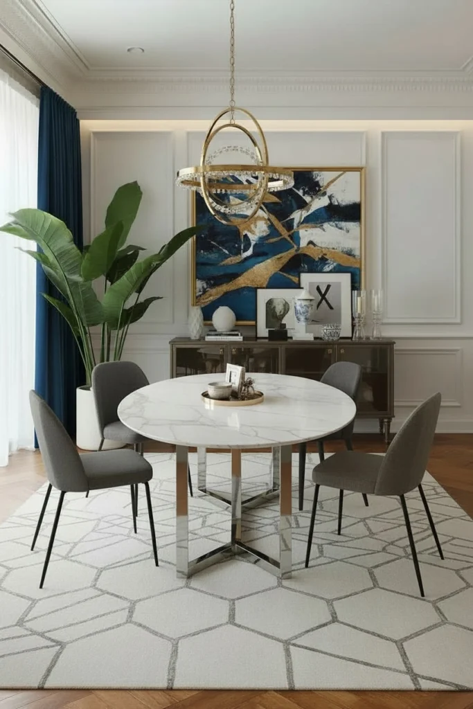 Wool rug placed under wooden dining table