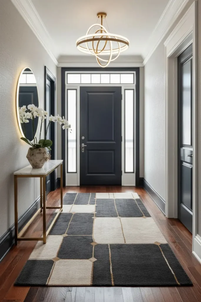 Patterned runner rug laid along narrow hallway floor.